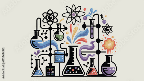 Abstract colorful illustration of a science laboratory with beakers, test tubes, and atoms, representing chemistry and research