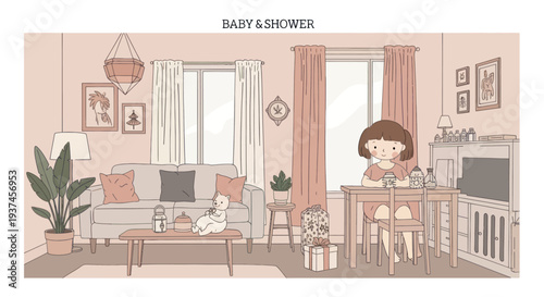 Cozy living room with child and cat in soft pastel colors, decorated for baby shower with gifts, perfect for family and celebration themes