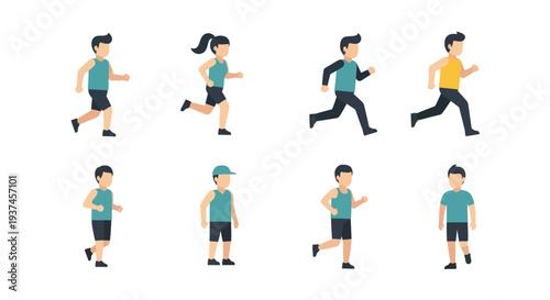 Flat style male and female runners and walkers in various poses, fitness and exercise silhouettes for healthy lifestyle and sport illustrations