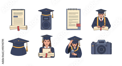 Graduation icons with diploma, cap, graduates and camera for education and achievement concepts, ideal for school or university design