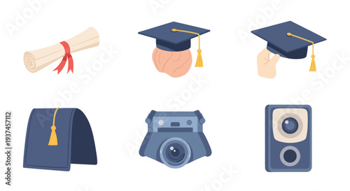 Graduation icons including diploma, mortarboard hats, and vintage cameras, ideal for education and celebration themed projects