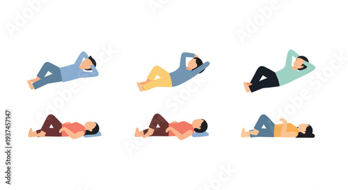Illustration of people doing different floor exercises and stretches for fitness and physical therapy use