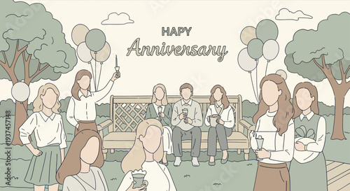 Happy anniversary outdoor celebration with friends and family in park holding balloons and drinks, festive party concept