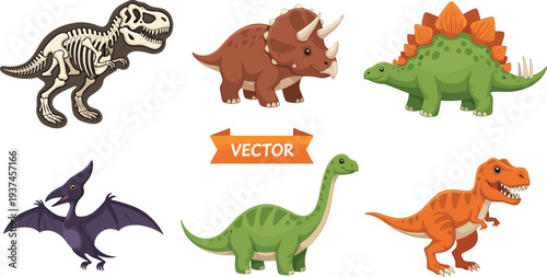 Cute Cartoon Dinosaur Vector Set with T-Rex, Triceratops, Stegosaurus and Pterodactyl
