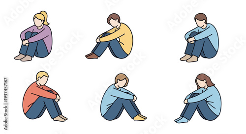 Sad people sitting in curled up position expressing loneliness and depression concept, mental health awareness illustration for therapy or counseling