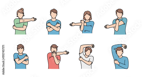 People performing various arm stretching exercises illustration for fitness, warm up, workout, and healthy lifestyle concepts