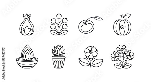Set of 8 minimalist black and white flower and plant line icons including pomegranate, bouquet, cherry, pumpkin, candle, succulent, and floral designs for gardening and decoration