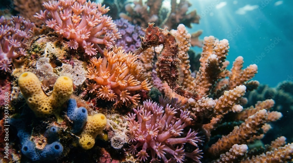 Obraz premium A Stunning Underwater Arrangement of Diverse Coral Species, Presenting the Essential Beauty and Vibrant Ecosystem of a Healthy Reef Illuminated by Sunlight