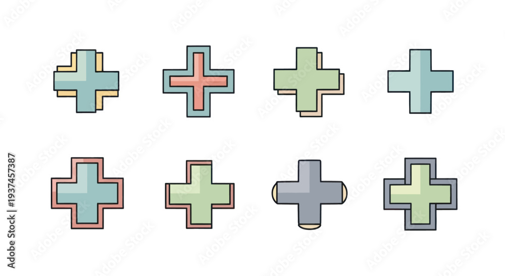 Obraz premium Set of illustrated colorful plus signs with various outlines and shadows, perfect for graphic design, icons, and decoration