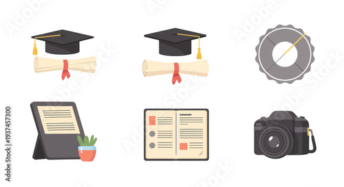 Set of educational and learning icons including graduation caps with diplomas, book, e-reader with plant, serger needle and professional camera for study and creativity