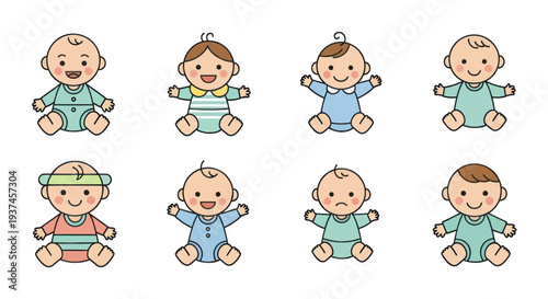 Cute cartoon babies in various outfits and expressions, adorable infant illustrations for children's books, baby products, and parenting content