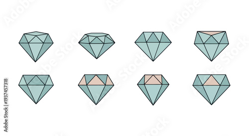 Set of eight blue diamond gemstone icons with black outlines in a simple flat design, ideal for jewelry, luxury, and wealth concepts