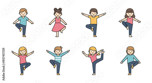 Cute cartoon children doing balance yoga poses set isolated on white, kids exercise and physical activity illustration for healthy lifestyle