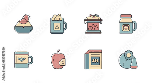 Cute pastel colored vector icons including food, drink, and kitchen items, perfect for app design, websites, and presentations