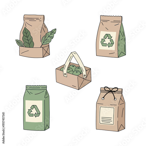 Eco friendly packaging with recyclable bags and boxes containing leaves and fruits, sustainable and green product packaging concept
