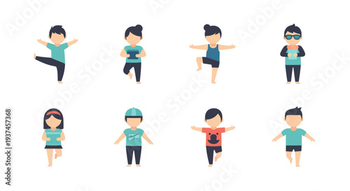 Set of flat style kids doing yoga and holding tablets, healthy lifestyle children illustration, digital learning and exercise concept