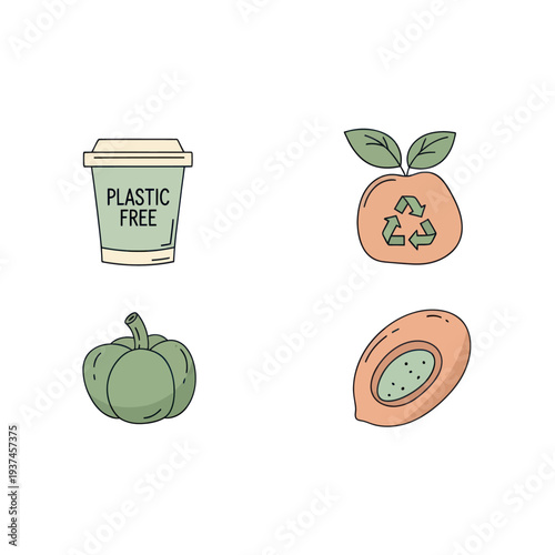 Eco-friendly plastic free cup and recycled fruit illustrations with pumpkin and papaya icons, sustainable lifestyle and zero waste concept