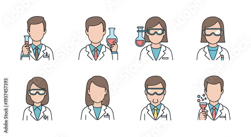 Set of male and female scientists in lab coats and goggles holding lab glassware with chemical liquids and bubbles, science research icons