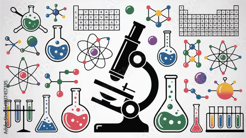 Scientific concept illustration with a microscope, beakers, test tubes, atoms, and periodic table, symbolizing research and discovery