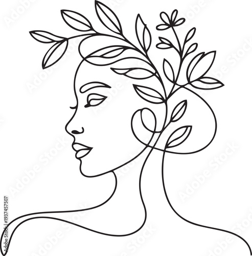 Woman Line Art Minimalist Logo. Nature Organic Cosmetics Makeup. Flower head Feminine Illustration line drawing. one line Icon drawing