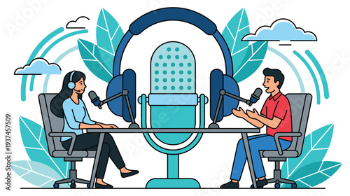 Podcast host interviewing guest in radio studio with big headphones