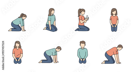 People practicing meditation and relaxation poses on knees, mindfulness and calmness exercises concept for wellness and mental health