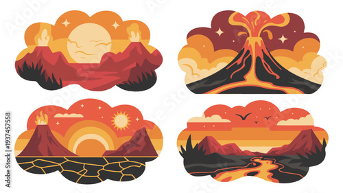 Four stylized illustrations of volcanic landscapes and eruptions under a sunset sky, representing natural power and geological forces