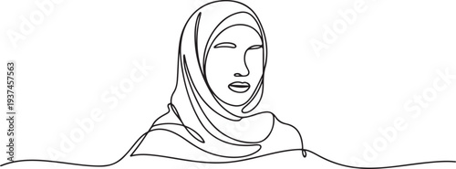 Beautiful women in hijab line art drawing. one line Icon drawing