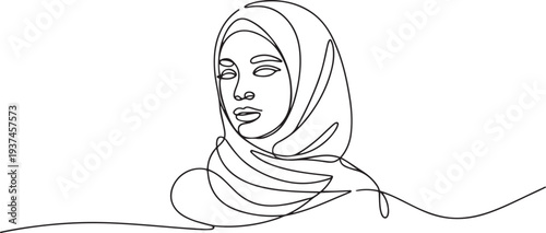 Beautiful women in hijab line art drawing. one line Icon drawing