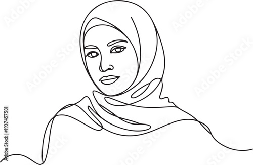 Beautiful women in hijab line art drawing. one line Icon drawing