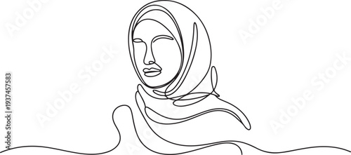 Beautiful women in hijab line art drawing. one line Icon drawing