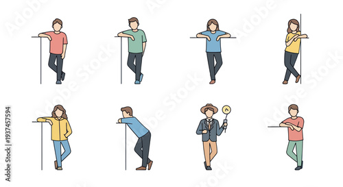 Set of casual people standing and leaning on walls in various poses with clock and hat, vector illustration for lifestyle and social concepts