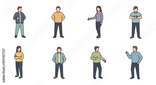 Set of diverse faceless people standing in various poses with casual clothing, ideal for business, communication, teamwork, or social concept designs