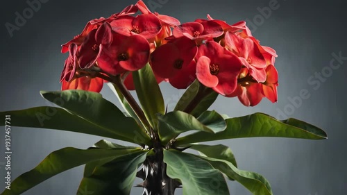 Close up of a thorny plant with red flowers and green leaves, against a blurred grey background