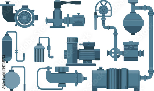 Industrial pipeline system vector illustration featuring pumps, valves, pressure tanks, compressors and mechanical equipment for factory engineering process design