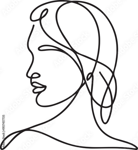 Woman head vector lineart illustration. One Line style drawing. Woman Line Art Minimalist Logo. one line Icon drawing