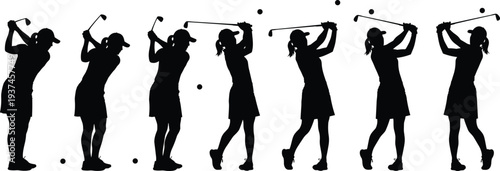 female golfer swing sequence silhouette golf player action sport movement vector illustration isolated athlete training collection
