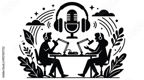 Two people recording podcast in studio, black and white vector illustration