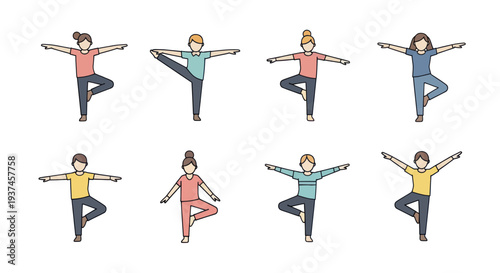 Set of diverse people practicing different yoga poses in flat style, balance and meditation concept, wellness and fitness illustration