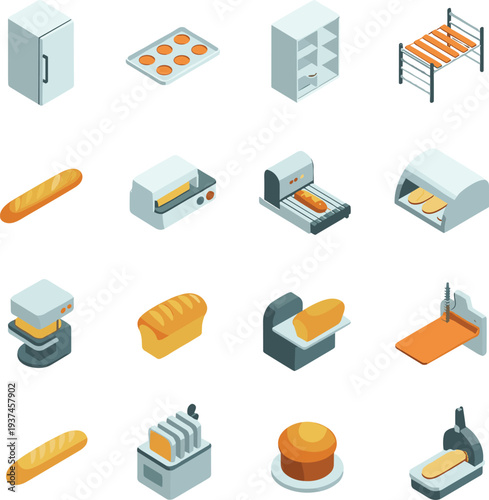 Isometric bakery equipment and bread production machines collection isolated on white background flat vector illustration set