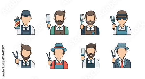 Set of male barber and hairstylist avatar icons holding tools like clippers, combs, and scissors, flat style vector illustration perfect for salon branding