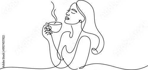 Continuous one line drawing. Woman relaxing with cup of tea. Vector illustration. one line Icon drawing