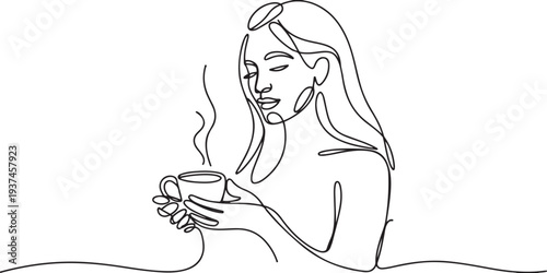 Continuous one line drawing. Woman relaxing with cup of tea. Vector illustration. one line Icon drawing
