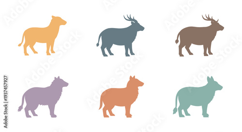 Set of six colorful hyena silhouettes in different styles isolated on white background, wildlife illustration for decoration and design