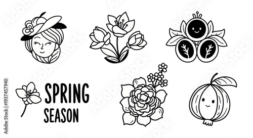 Spring season doodles set with flowers, cute face icons, and floral elements perfect for greeting cards, invitations, and seasonal designs