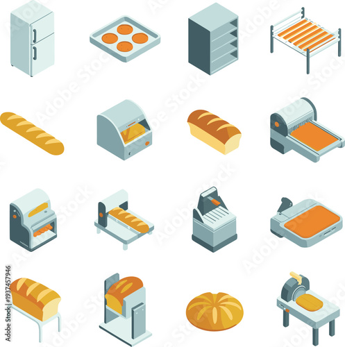 Isometric bakery equipment and bread production machines set isolated on white background flat vector illustration collection