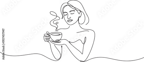 Continuous one line drawing. Woman relaxing with cup of tea. Vector illustration. one line Icon drawing