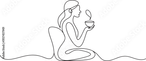 Continuous one line drawing. Woman relaxing with cup of tea. Vector illustration. one line Icon drawing