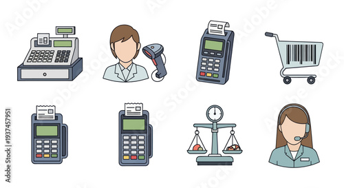 Set of retail and shopping icons including cash register, barcode scanner, payment terminal, shopping cart, scale, and customer service representative