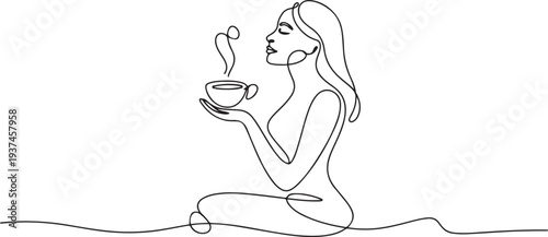 Continuous one line drawing. Woman relaxing with cup of tea. Vector illustration. one line Icon drawing